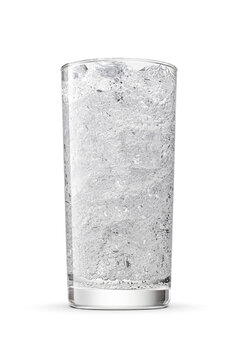 Glass of sparkling water soda drink lemonade with ice cubes isolated. Transparent PNG image.