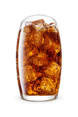 Cola soft drink in a transparent glass with ice cubes Isolated. Low point hero view, wide angle lens. Transparent PNG image.