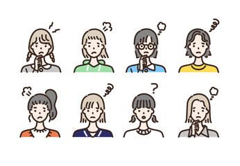 ネガティブな表情の女性 アイコンセット 上半身