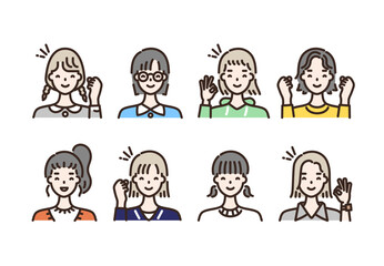 ポジティブな表情の女性 アイコンセット 上半身