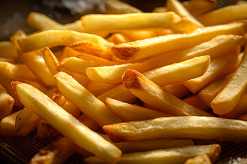 Fresh golden potato french fries in full frame. Potatoes chip, French Fries Background. Fast food background concept