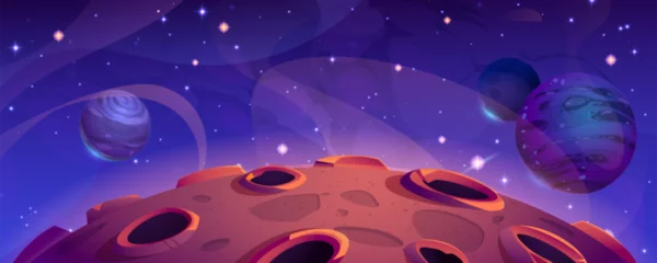 Fotobehang Violet Space galaxy vector planet cartoon background. Fantasy cosmos universe illustration with moon crater and abstract satellite texture. Red asteroid land at night to travel with solar mission concept