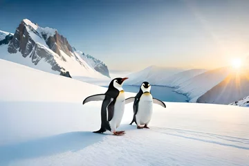 Fototapeten Penguin Panorama: Witness the Tranquil Beauty of Penguins Nestled on Ice Floes Against a Spectacular Backdrop of Majestic Glaciers and Icy Mountains in Nature's Frozen Wonderland © Muhammad