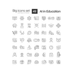 Editable 49 big icons set representing artificial intelligence in education, black outline vector.