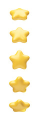 Rotating golden glossy stars set 3d realistic style rendering. Yellow stars from different angles. Game award, customer feedback symbol vector illustration isolated on white background