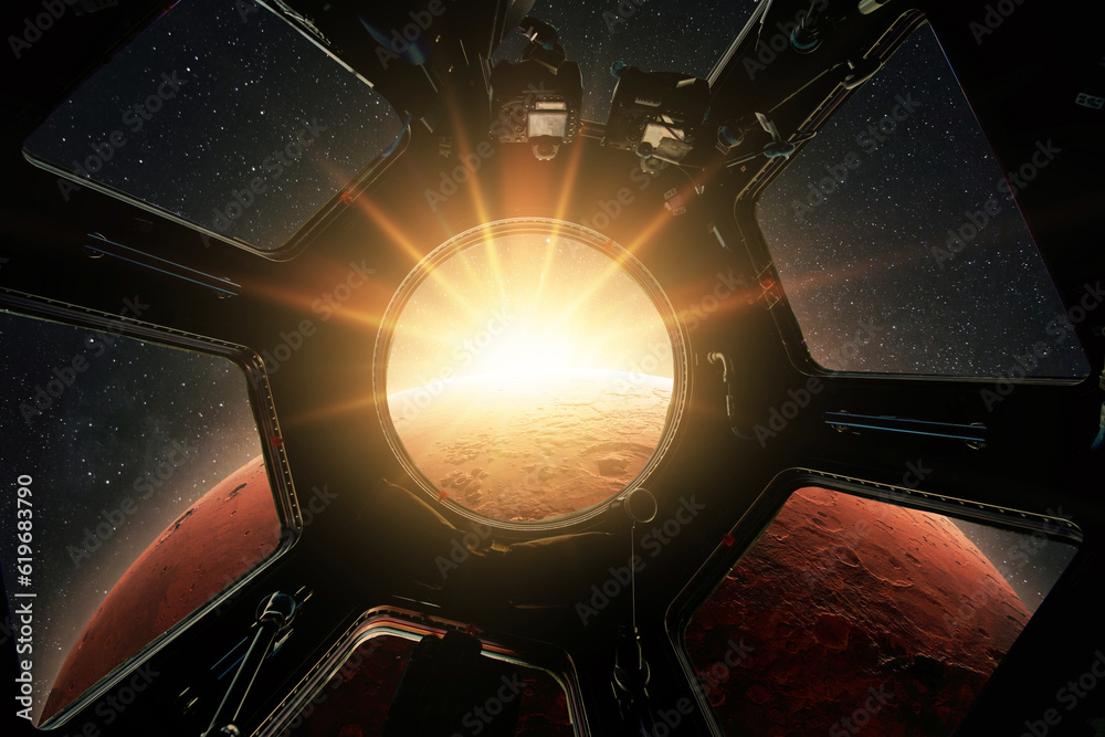 Poster new spaceship flies up to the red planet mars at an amazing sunset, the view from the cabin porthole