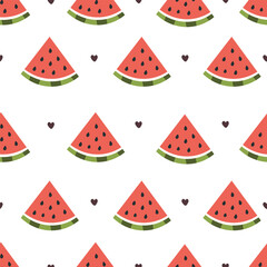 Juicy vector pattern. Watermelon slices, black hearts. Pattern for textiles and other products . Vector illustration