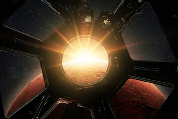 New spaceship flies up to the red planet Mars at an amazing sunset, the view from the cabin porthole window. ISS is flying in space, exploring space for new planets. Creative idea, space wallpaper