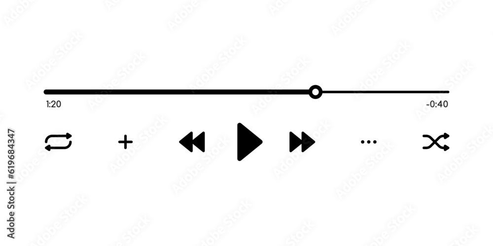 Aufkleber Music or video player interface vector template of media app ui. Digital player monochrome progress bar for music, video, radio, podcast or online streaming with media control and navigation buttons
