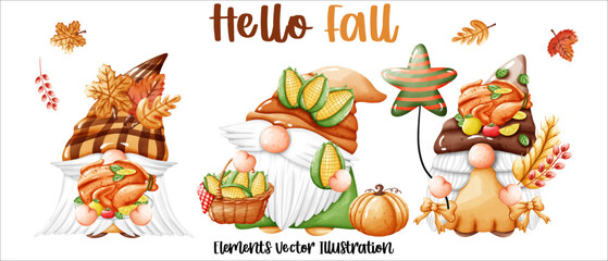 Set Gnomes Hello Fall Autumn Pumpkin and autumn leaves Elements Watercolor Vector File ,Clipart Cute cartoon style For banner, poster, card, t shirt, sticker