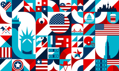 Abstract geometric USA shapes, bauhaus pattern of american travel landmarks. Vector background of simple geometric figures, stars and stripes flag, statue of liberty, bridge, eagle and cowboy hat