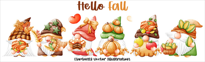 Set Gnomes Hello Fall Autumn Pumpkin and autumn leaves Elements Watercolor Vector File ,Clipart Cute cartoon style For banner, poster, card, t shirt, sticker