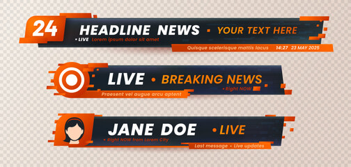 Lower third header, headline and news bar, tv banners and video titles vector templates on transparent background. Lower third layouts set, breaking news broadcast and live television screen headers