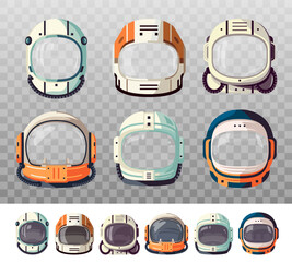 Photo booth, kids astronaut space helmets. Cute vector masks and helmets of spaceman spacesuit, spaceship and rocket pilot cartoon headwear. Head in hole props for space party, face mask app, stickers © Vector Tradition