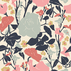 Vector flower and leaf illustration motif seamless repeat pattern