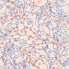 Vector flower line art with polka dots illustration seamless repeat pattern 