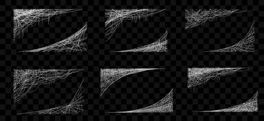 Halloween cobweb frames and corners. Spiderweb vector borders of scary horror night holiday with white spider web and net threads. Spooky gothic Halloween cobweb frames set on transparent background