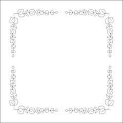 Black and white vegetal ornamental frame with leaves, decorative border, corners for greeting cards, banners, business cards, invitations, menus. Isolated vector illustration.