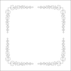 Black and white vegetal ornamental frame with leaves, decorative border, corners for greeting cards, banners, business cards, invitations, menus. Isolated vector illustration.