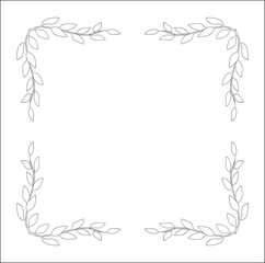 Black and white vegetal ornamental frame with leaves, decorative border, corners for greeting cards, banners, business cards, invitations, menus. Isolated vector illustration.