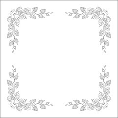 Black and white vegetal ornamental frame with monstera leaves, decorative border, corners for greeting cards, banners, business cards, invitations, menus. Isolated vector illustration.