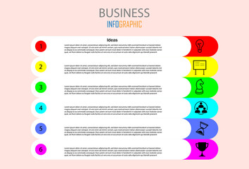 Business infographics. Concept of six steps of business strategy and development. Modern vector illustration for presentation.