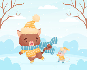 Fototapeta premium Cute Friendly Cat and Mouse Ice Skating Together Vector Illustration
