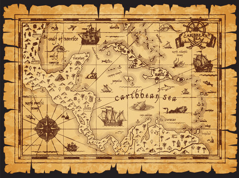Old antique vintage map of Caribbean Sea. Compass wind rose, sail ships and pirate islands treasure map sketches. Vector ancient paper or parchment of fantasy world islands, oceans and sea monsters