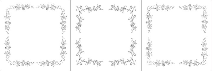 Set of three vector frames with roses. Elegant black and white monochrome ornamental corners. Vector frame for all sizes and formats. Isolated vector illustration.