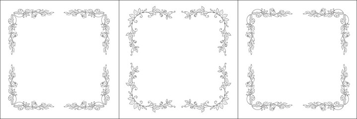 Set of three vector frames with roses. Elegant black and white monochrome ornamental corners. Vector frame for all sizes and formats. Isolated vector illustration.