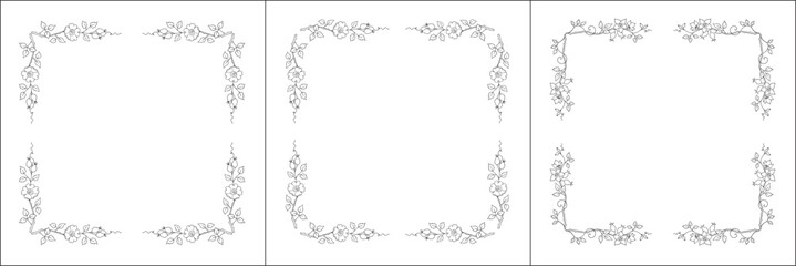 Set of three vector frames with roses. Elegant black and white monochrome ornamental corners. Vector frame for all sizes and formats. Isolated vector illustration.