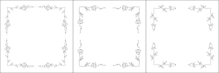 Set of three vector frames with roses. Elegant black and white monochrome ornamental corners. Vector frame for all sizes and formats. Isolated vector illustration.