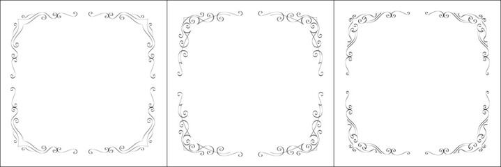 Set of three vector frames. Elegant black and white monochrome ornamental border for greeting cards, banners, invitations. Vector frame for all sizes and formats. Isolated vector illustration.