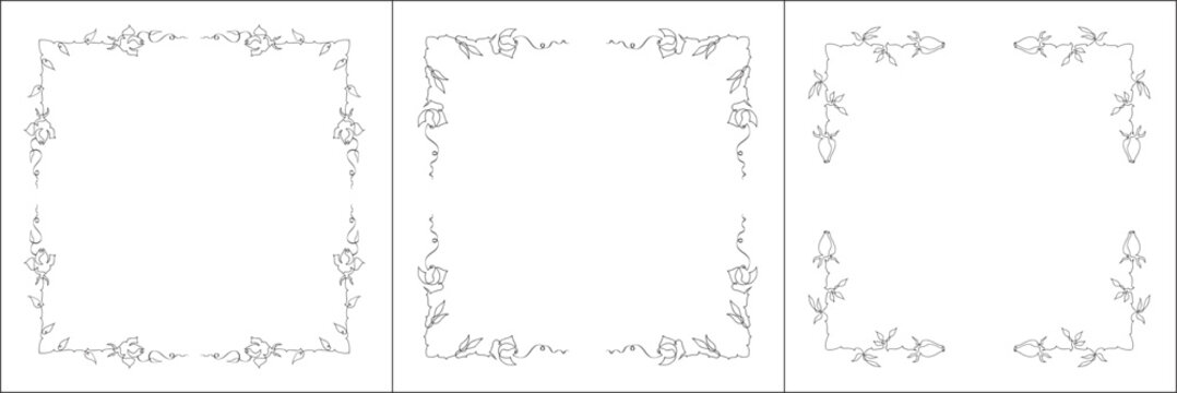 Set of three vector frames with roses. Elegant black and white monochrome ornamental corners. Vector frame for all sizes and formats. Isolated vector illustration.