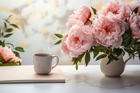 Bouquet of delicate pink peonies in vase on table, next to a cup of hot tea or coffee, AI generated