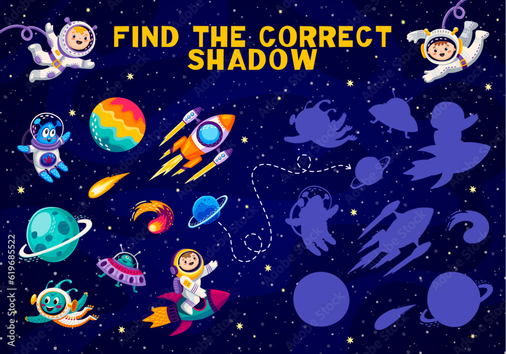Poster find the correct shadow of space characters and planets. kids vector game worksheet, matching childr