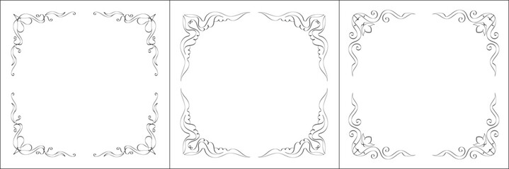 Set of three vector frames. Elegant black and white monochrome ornamental border for greeting cards, banners, invitations. Vector frame for all sizes and formats. Isolated vector illustration.