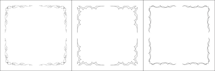 Set of three vector frames. Elegant black and white monochrome ornamental border for greeting cards, banners, invitations. Vector frame for all sizes and formats. Isolated vector illustration.