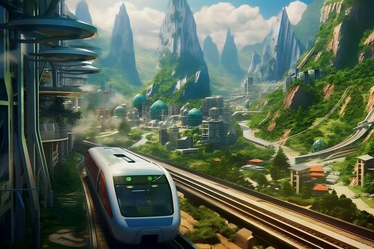 futuristic sci fi cityscape with mountain landscapes, and trains