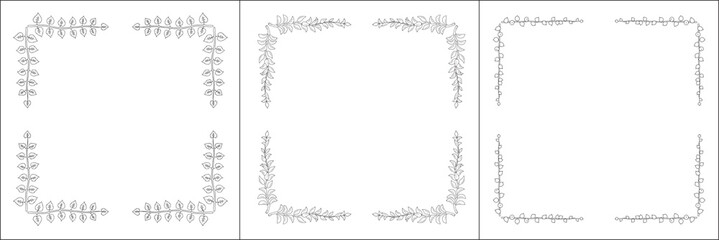 Set of three vector frames with twigs and leaves . Elegant black and white monochrome ornamental corners. Vector frame for all sizes and formats. Isolated vector illustration.