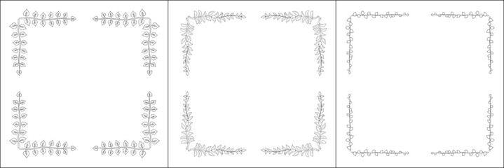 Set of three vector frames with twigs and leaves . Elegant black and white monochrome ornamental corners. Vector frame for all sizes and formats. Isolated vector illustration.