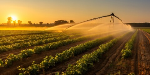 rain gun sprinkler in the dry season, irrigation system on agricultural soybean field, generative ai