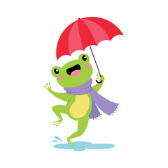 Obraz premium Cute Frog in Rainy Day Walking with Umbrella and Scarf Vector Illustration