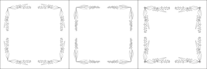 Set of three vector frames with lily of the valley. Elegant black and white monochrome ornamental corners. Vector frame for all sizes and formats. Isolated vector illustration.