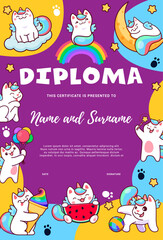 Fototapeta premium Kids diploma, cartoon cute caticorn cats and kitten characters, vector education certificate. Caticorn or kitty unicorn on rainbow with ice cream and balloon on school or kindergarten workshop diploma