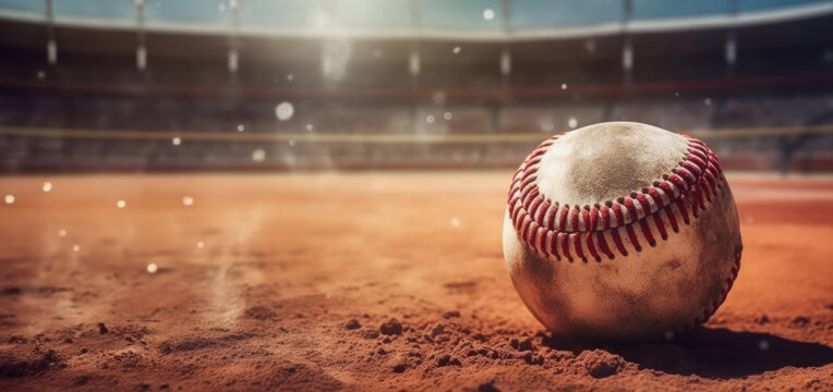 Old softball on the sand, close-up. AI generated high quality illustration.