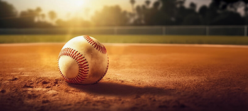Old softball on the sand, close-up. AI generated high quality illustration