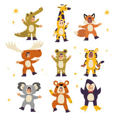 Children Wearing Animal Costumes Standing and Smiling Vector Set