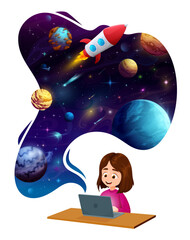 Child girl with laptop dreaming about space planets and galaxy flight. Cartoon vector kid character browsing internet for searching information about Universe, cosmos discovery and astronomy science