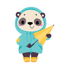 Cute Panda in Rainy Day Walking in Raincoat with Umbrella Vector Illustration